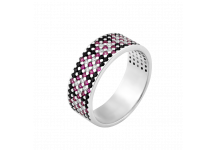 Серебряное кольцо узкий Орнамент розовые ромбы на черном