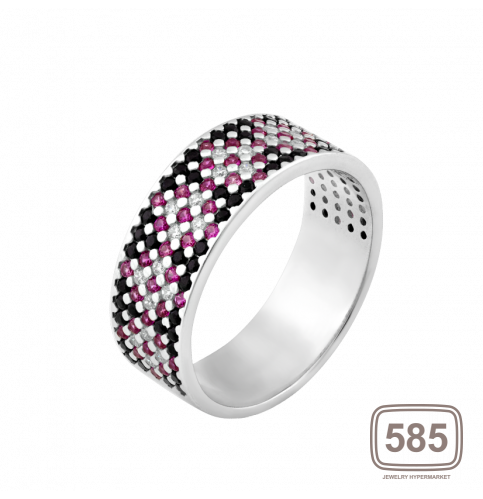 Серебряное кольцо узкий Орнамент розовые ромбы на черном