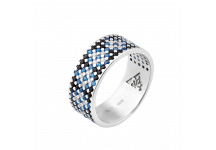 Серебряное кольцо узкий Орнамент синие ромбы на черном