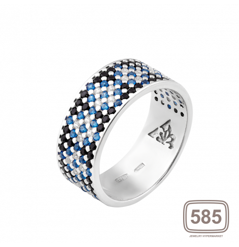 Серебряное кольцо узкий Орнамент синие ромбы на черном