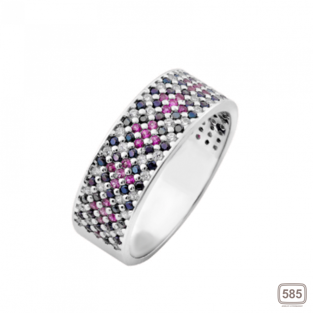 Серебряное кольцо узкий Орнамент розово-черные ромбы