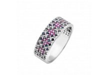 Серебряное кольцо узкий Орнамент розово-черные ромбы