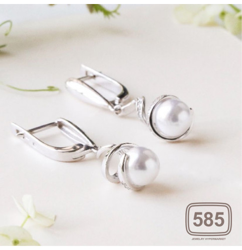 Сережки срібні  Спіраль з перлиною й фіанітами