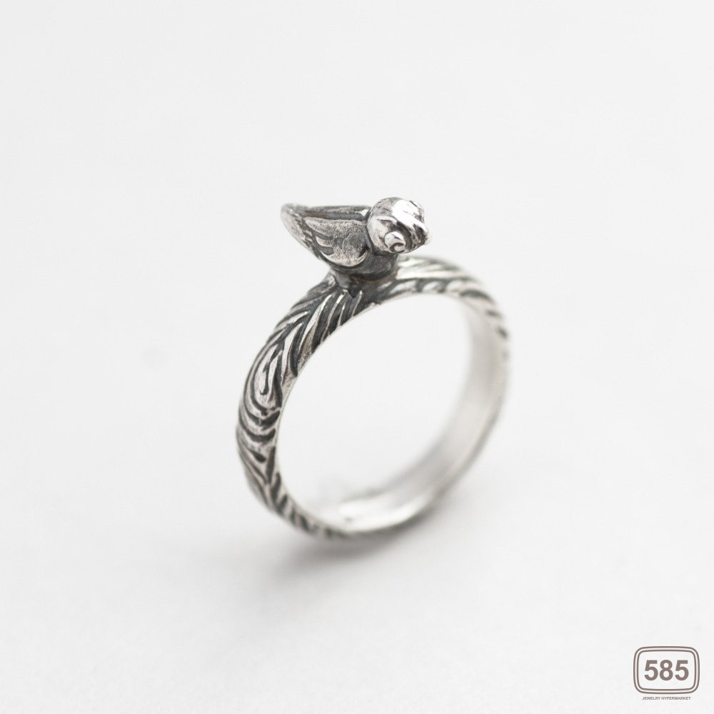 Срібний перстень Птаха на гілці з чорнінням