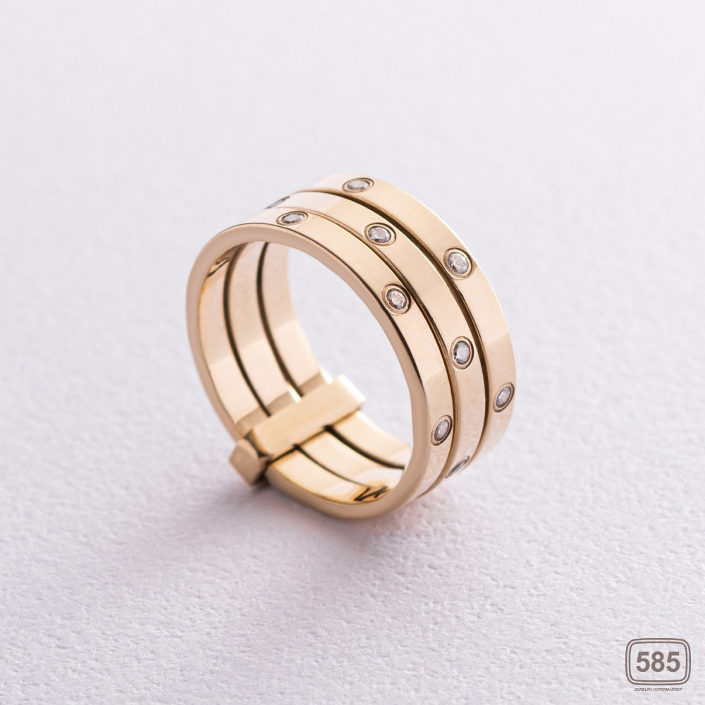 Золотое женское тройное кольцо с фианитами