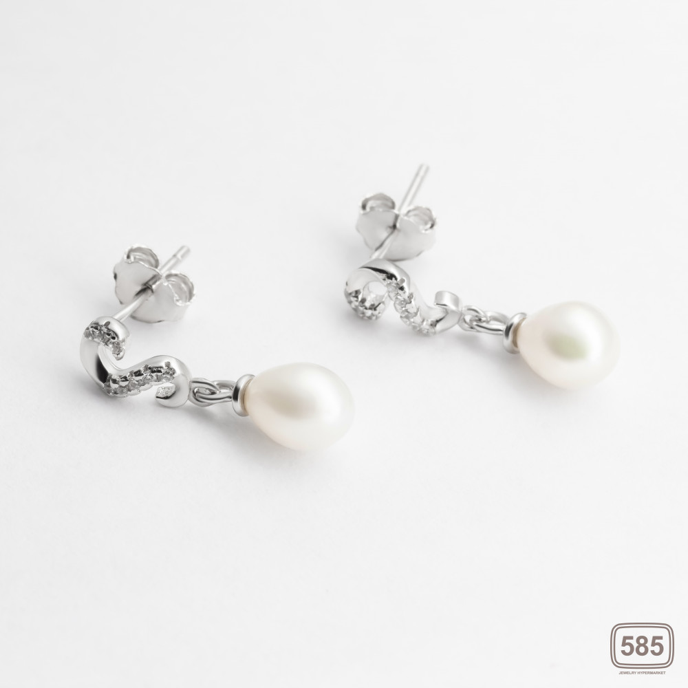 Срібні сережки вкриті родієм з перлина/фіанітами